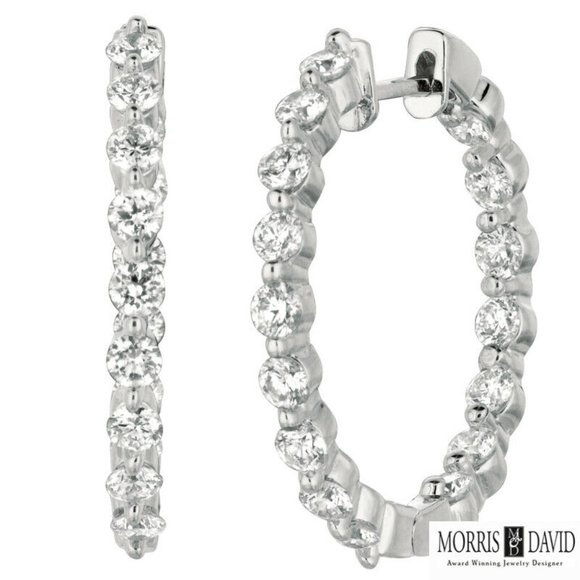 Morris & David Jewelry - 1.35 Carat Natural Diamond Hoop Earrings G SI in 14K White Gold 0.70''